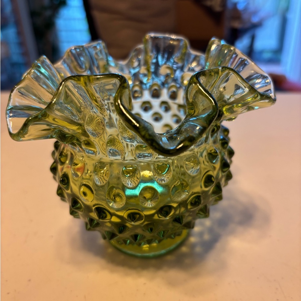 Green Hobnail Glass Vase. Vintage.